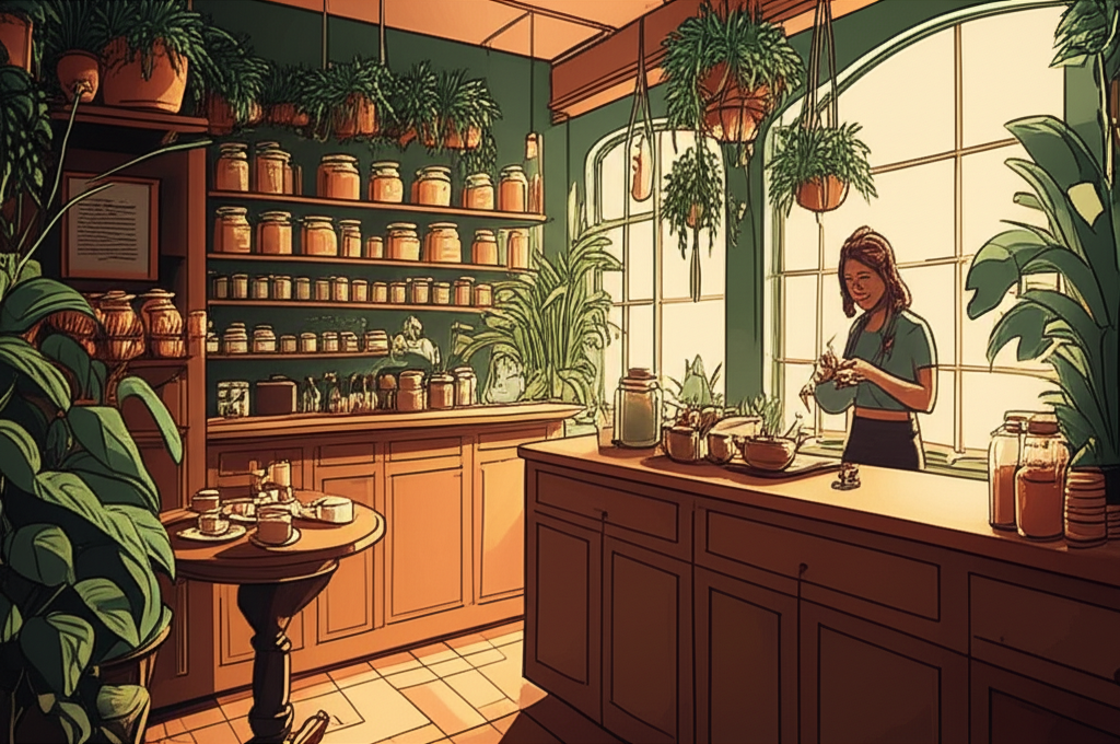 Rustic market interior with natural displays